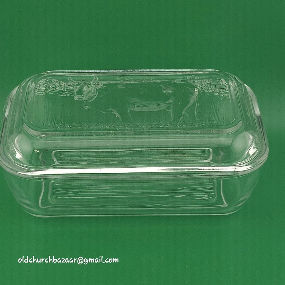 Vintage Arcoroc France Butter Refrigerator Dish With Cow On Lid Clear Glass